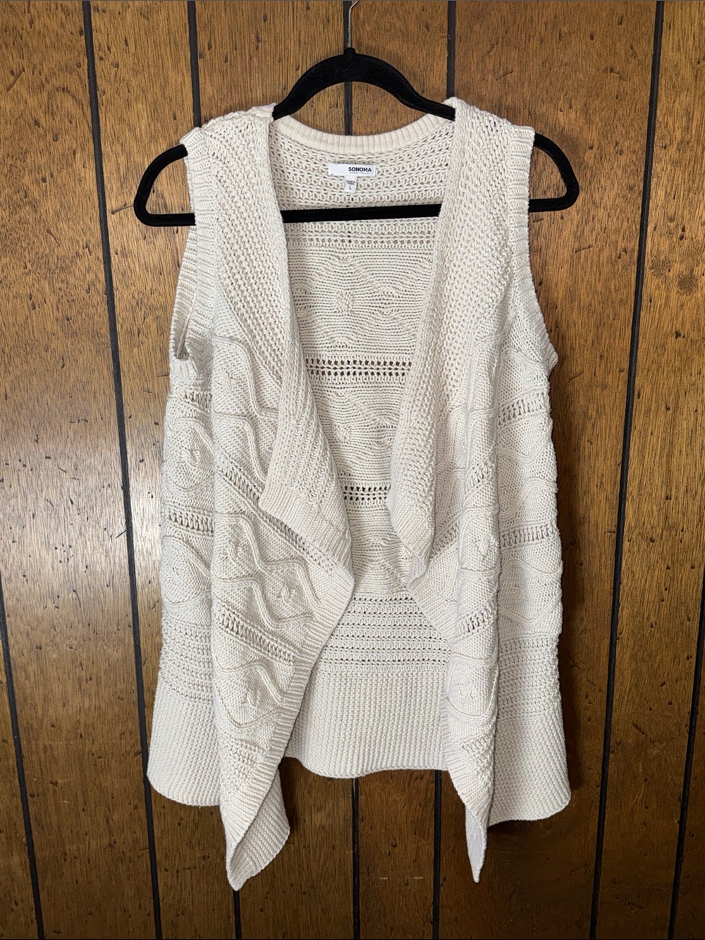 Sonoma Cream Open-Front Cable Knit Sleeveless Cardigan